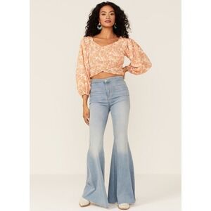 Flying Tomato Crop Top Small Orange Paisley Smocked Balloon Sleeve Boho IT11488